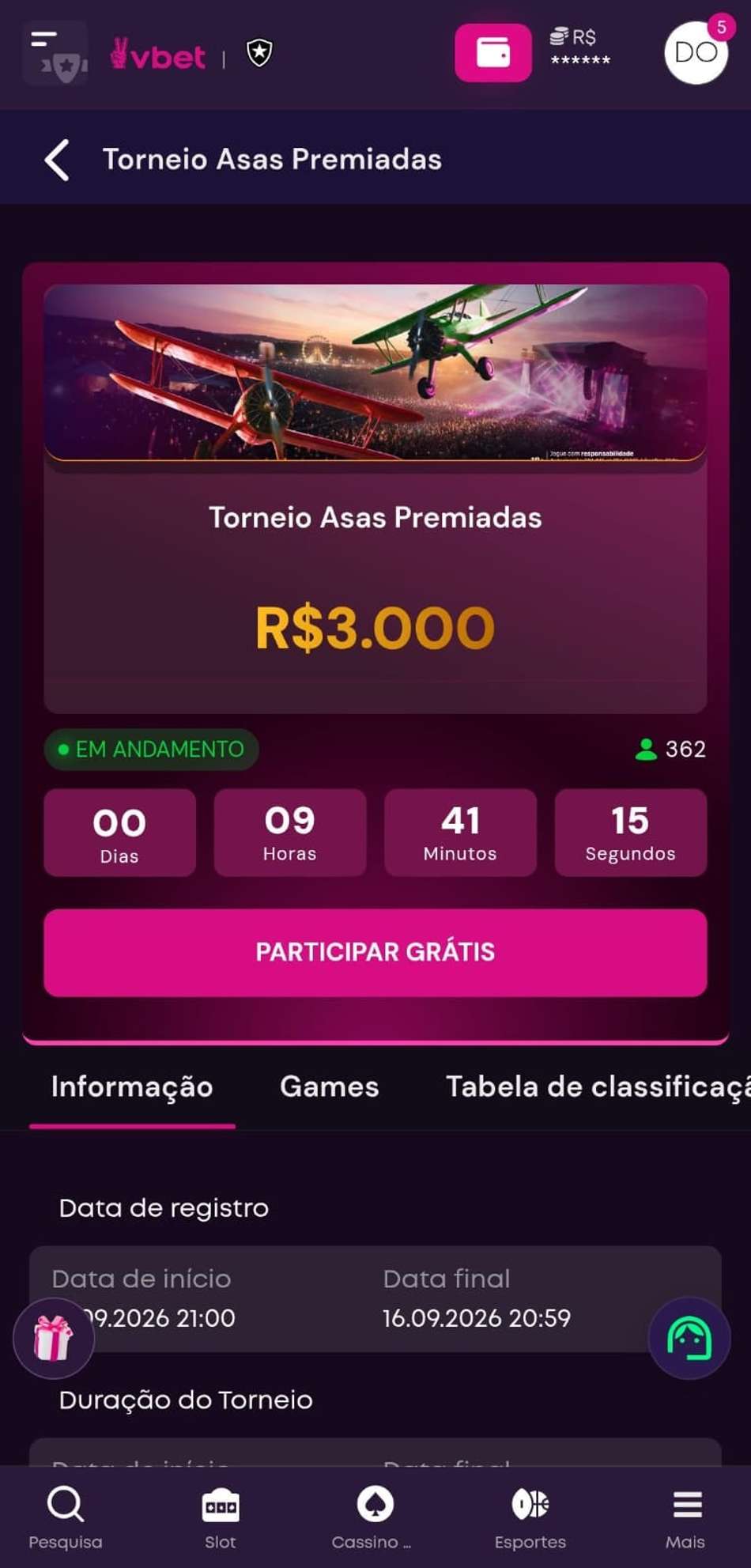 Captura de tela do torneio Asas Premiadas do cassino Vbet.