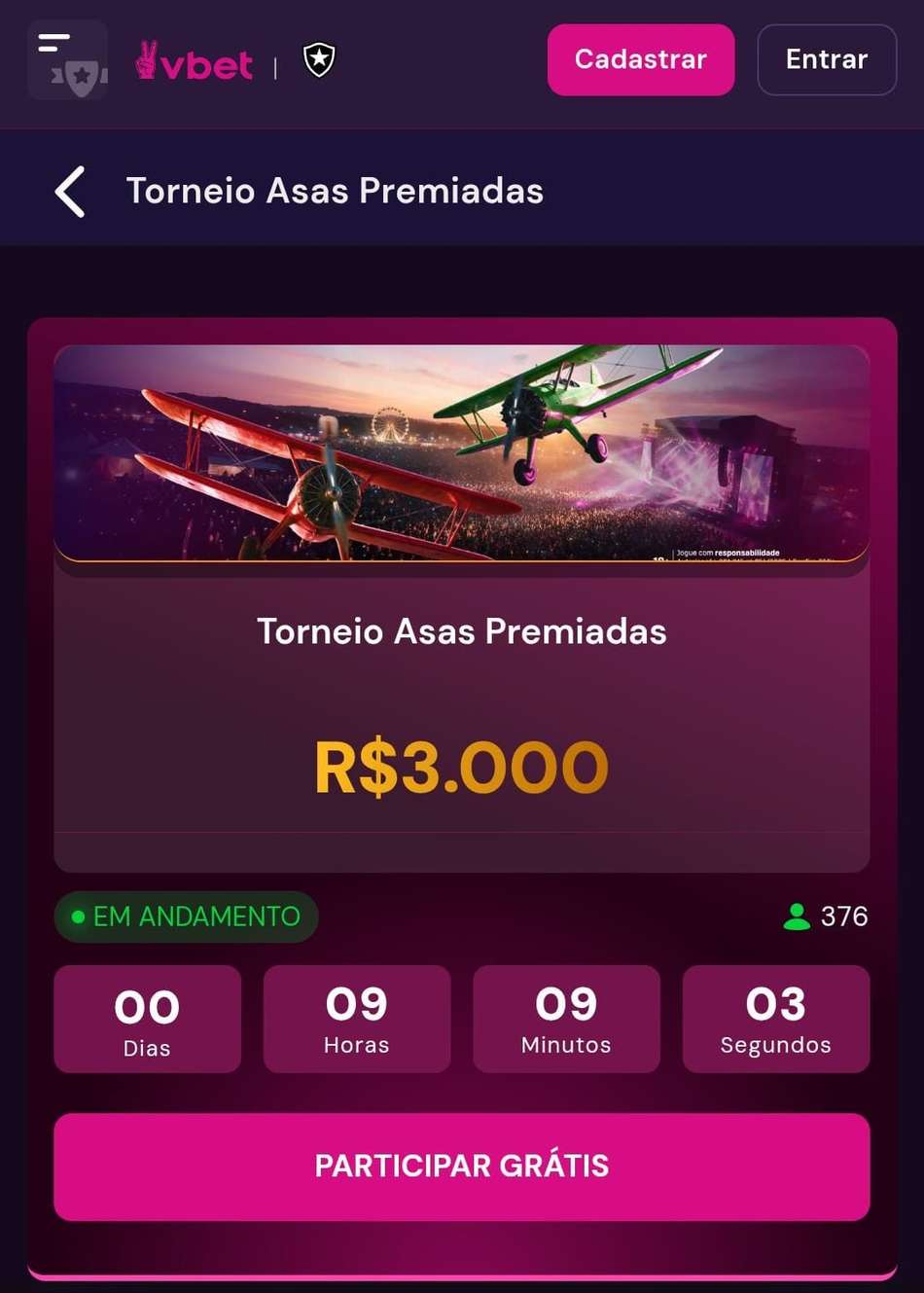 Captura de tela do torneio Asas Premiadas do cassino Vbet.