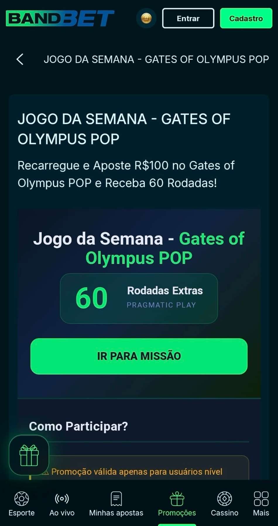 Captura de tela da campanha Jogo da Semana na casa de apostas da BandBet.