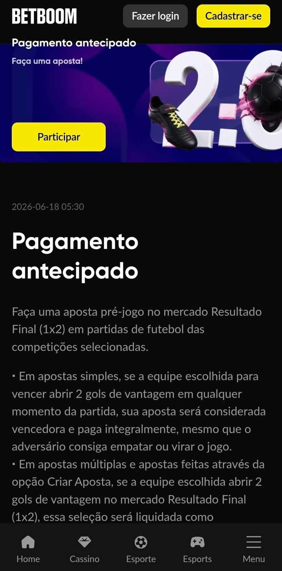 Captura de tela da oferta de Pagamento Antecipado na BetBoom, uma das melhores casas de apostas do Brasil.