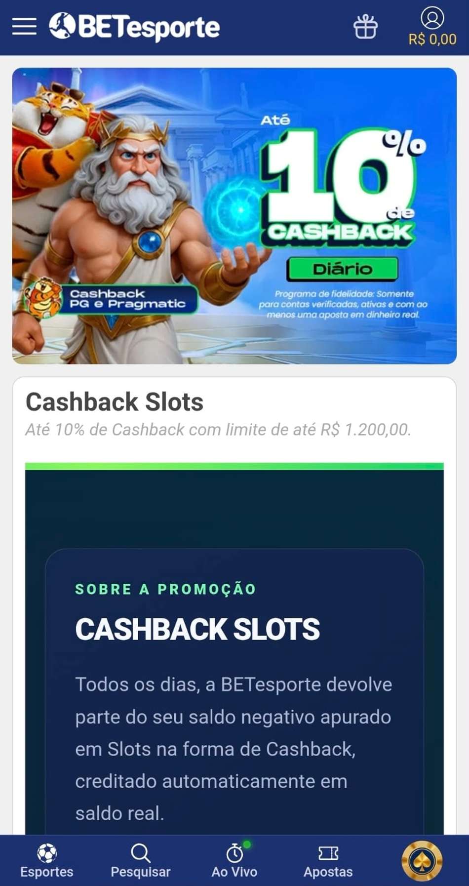 Captura de tela da campanha de Cashback Slots no site oficial da BETesporte.