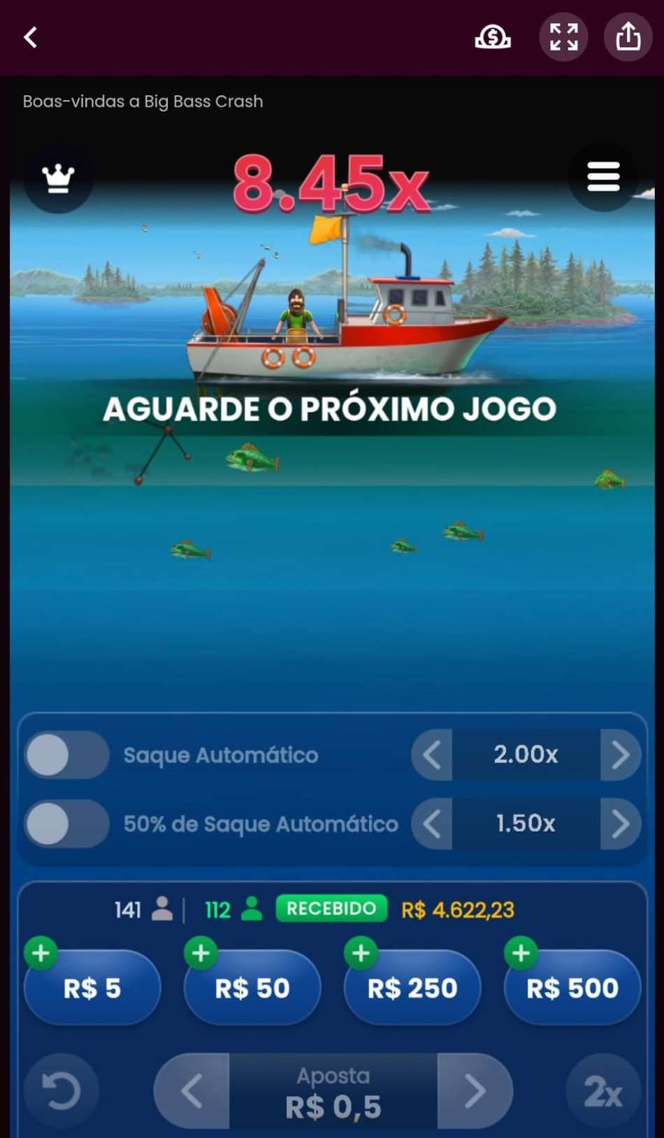 Captura de tela do crash game Big Bass Crash na Superbet.