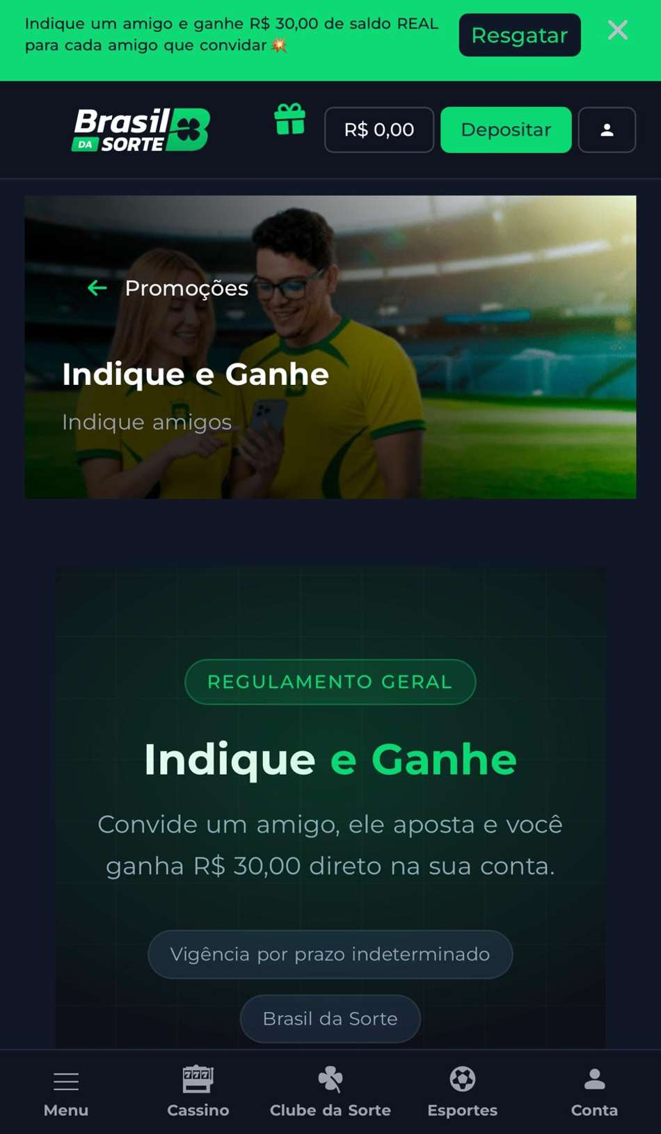 Captura de tela da campanha "Indique e Ganhe" na plataforma de 1 real Brasil da Sorte.