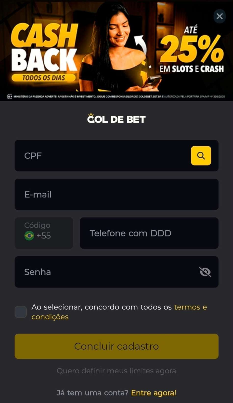 Captura de tela da página de cadastro da Gol de Bet com os campos para preencher o formulário de registro.