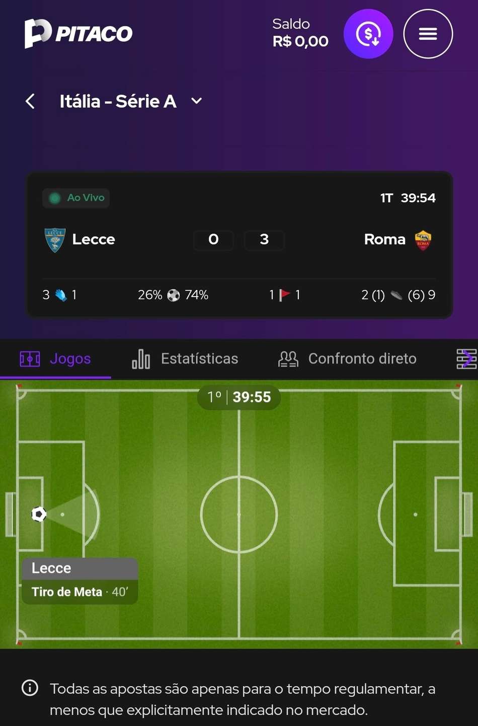 Captura de tela do campinho no app da Pitaco mostrando uma partida esportiva ao vivo.