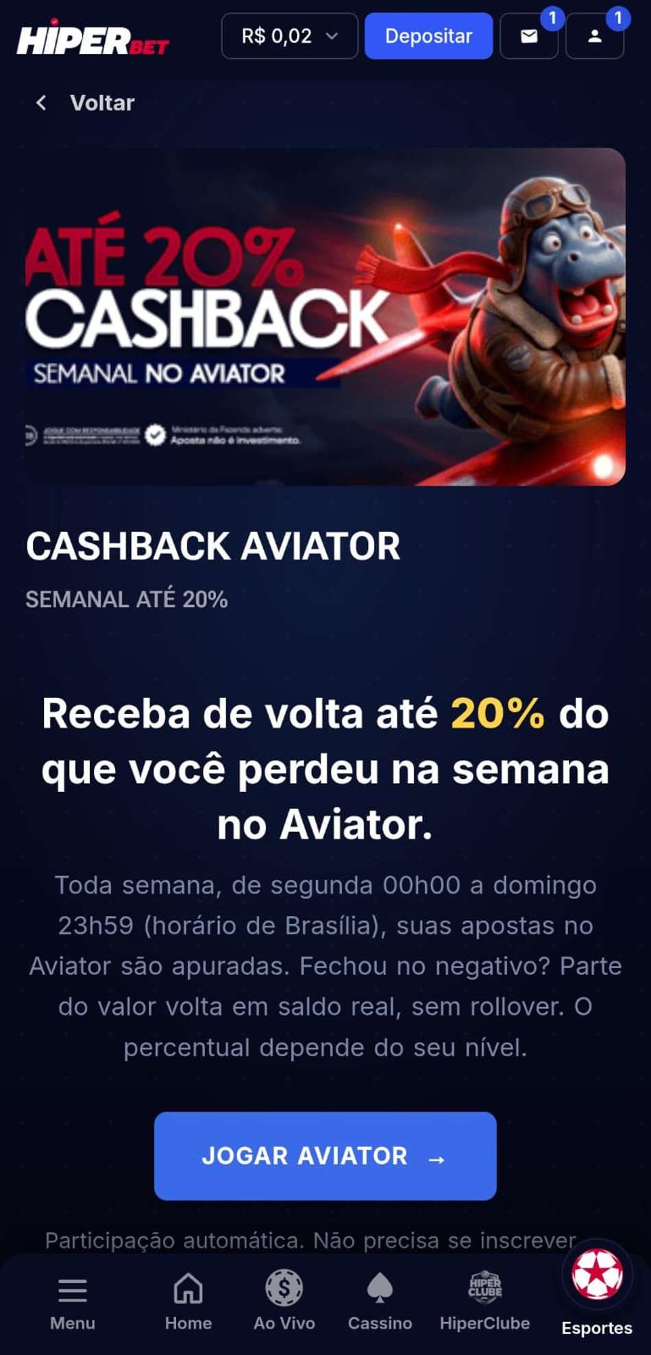 Captura de tela do cashback do Aviator na Hiperbet.