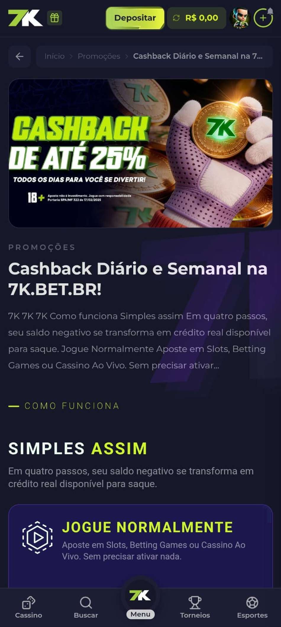 Captura de tela do bônus de cashback do melhor cassino Bet7K.