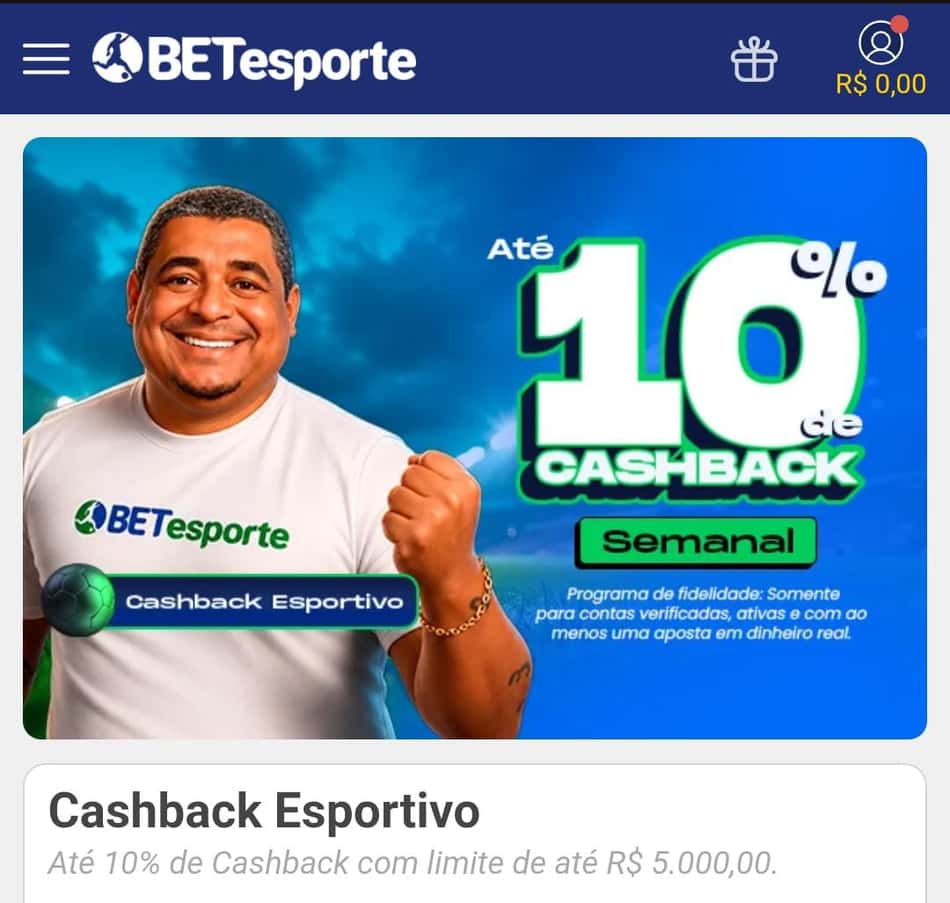Captura de tela da casa de apostas BETesporte com cashback esportivo.
