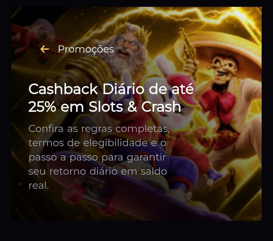 Captura de tela da promoção de cashback em crash e slots com até 25% de reembolso.