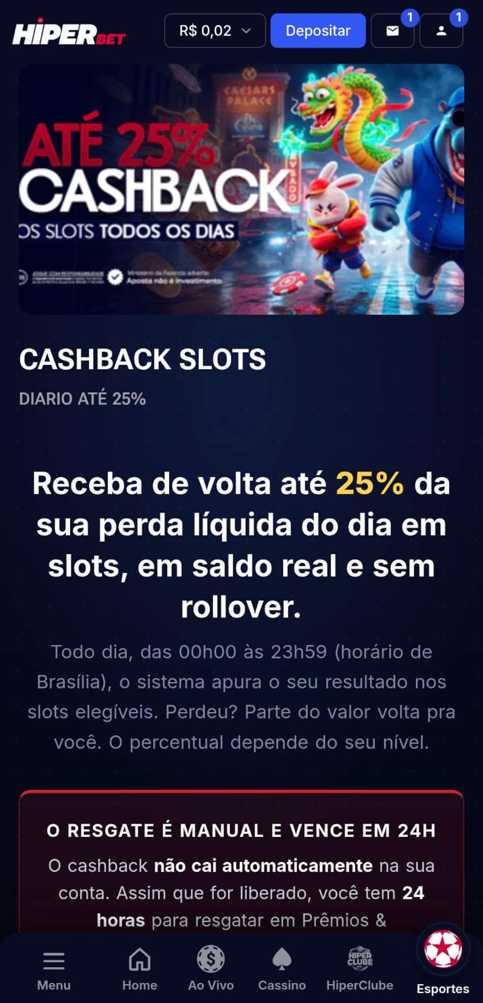 Captura de tela do bônus diário de cashback em slots do cassino Hiperbet.