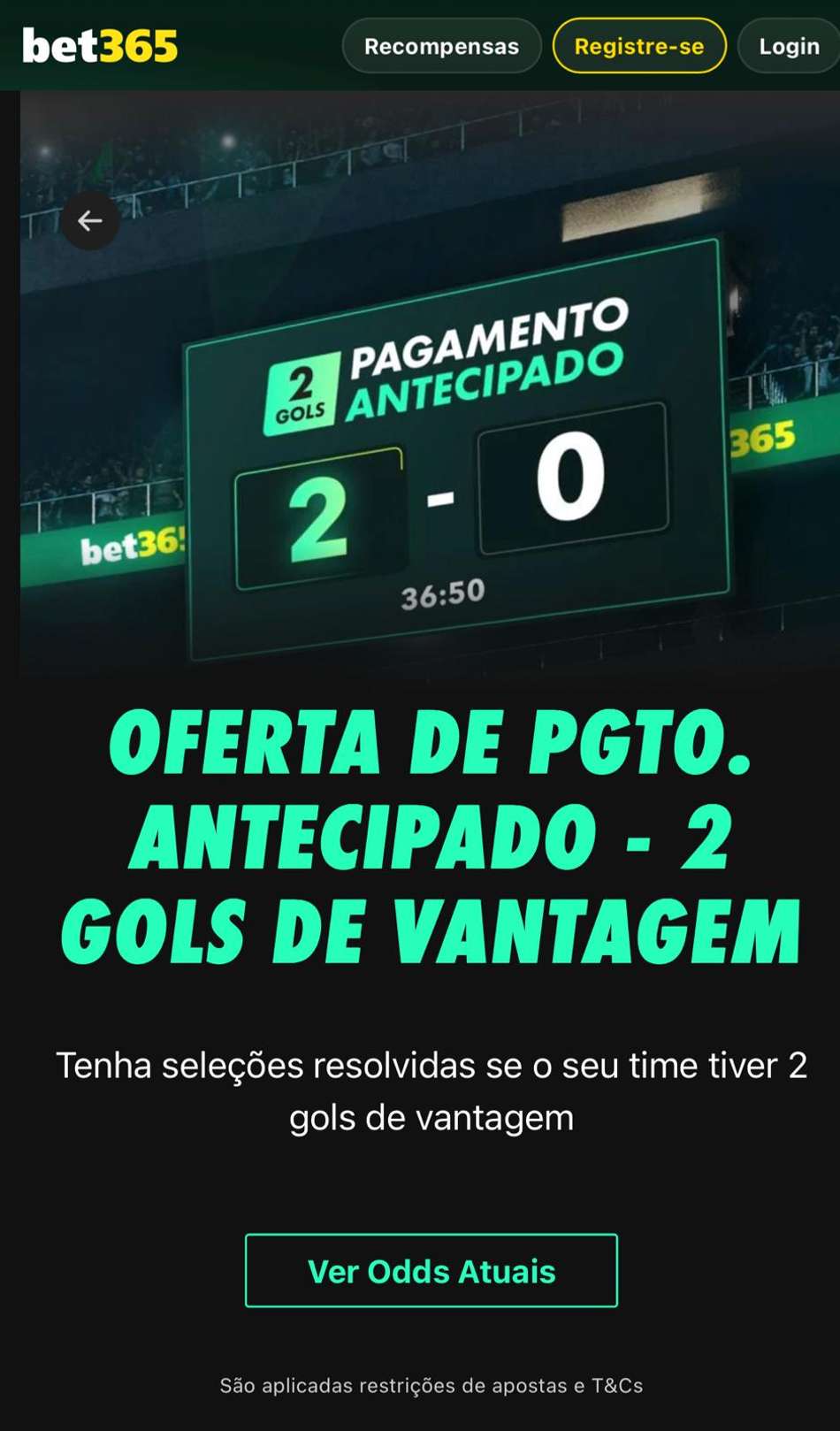 Captura de tela do Pagamento Antecipado na bet365.