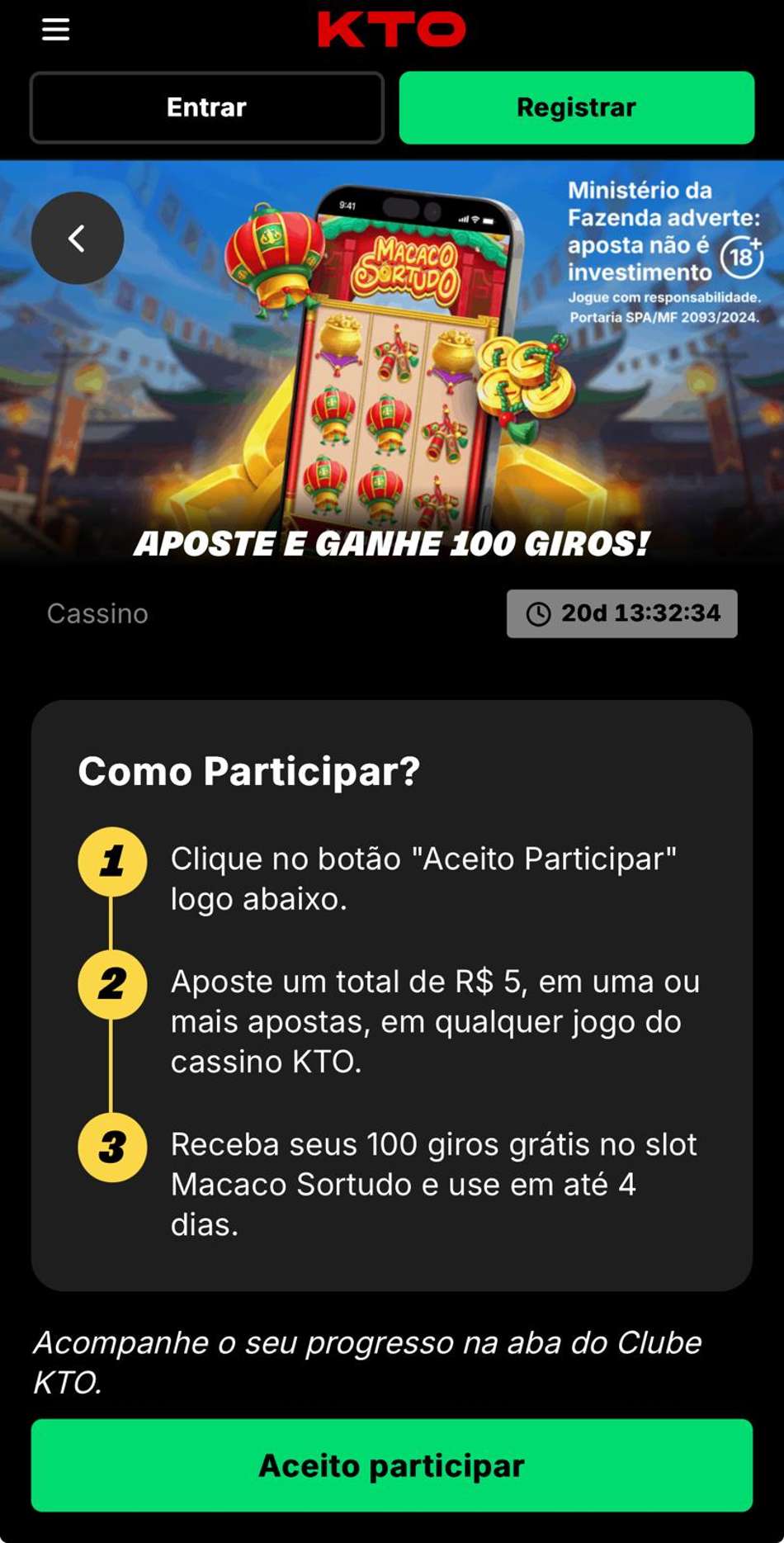 Captura de tela da promoção que dá giros grátis no jogo de cassino da elegível na KTO.