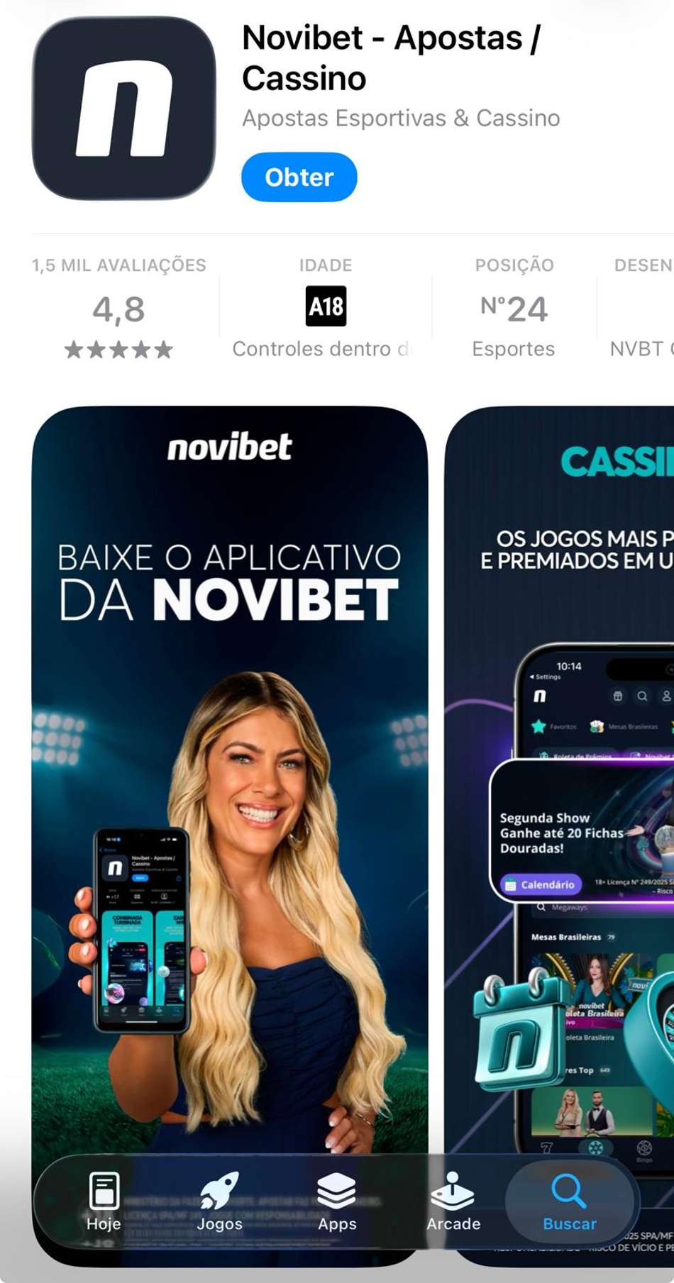 Captura de tela do aplicativo Novibet para iOS.