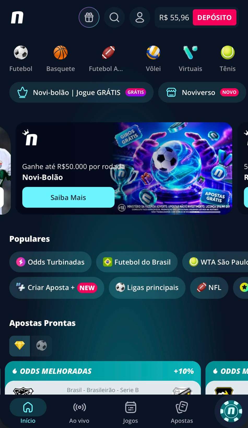 Captura de tela da página inicial de apostas esportivas na Novibet.