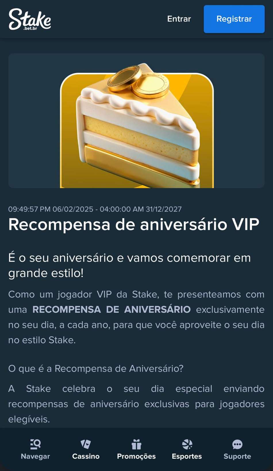 Captura de tela da oferta de Presente de Aniversário disponível na página oficial da Stake.