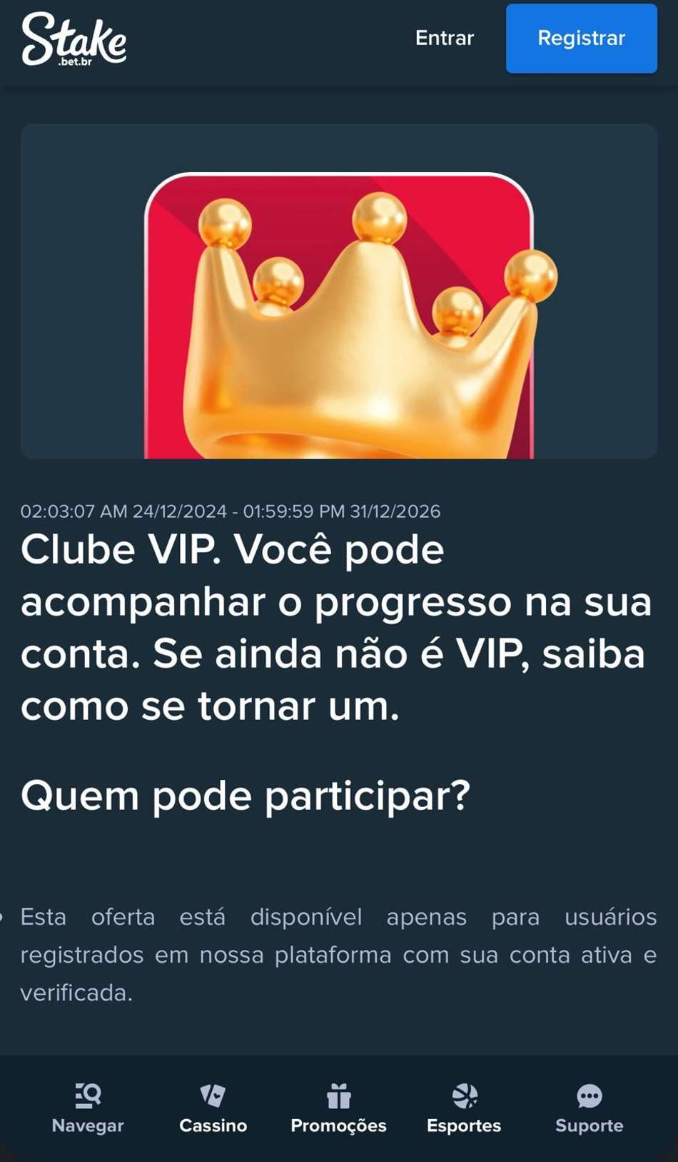 Captura de tela da página de promoções da Stake com os detalhes do Clube VIP.