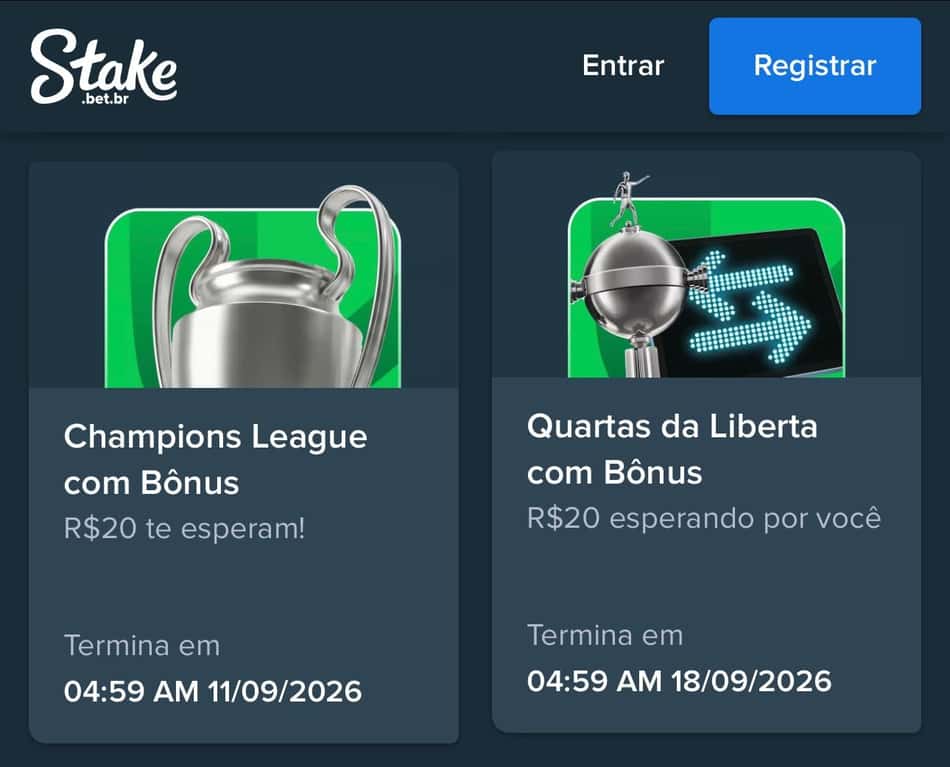 Captura de tela da campanha com bônus na Libertadores ou Champions League na Stake.