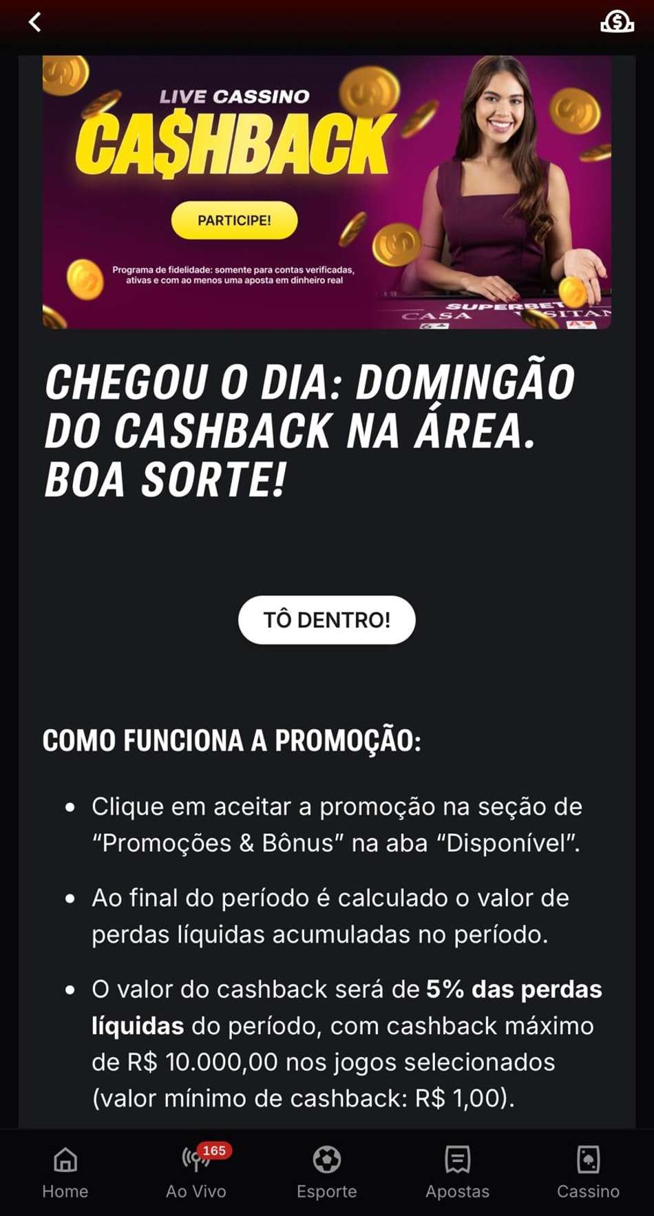 Captura de tela mostra o cashback em cassino na Superbet.