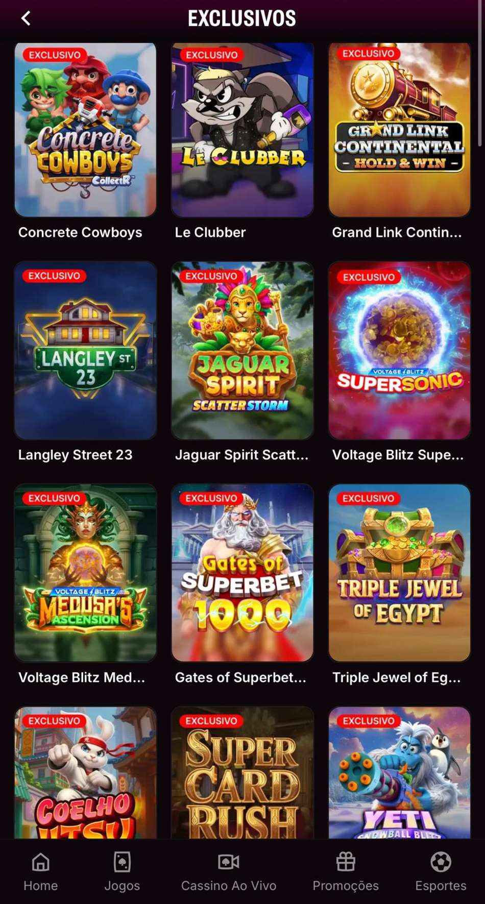 Captura de tela de jogos exclusivos de cassino da Superbet.