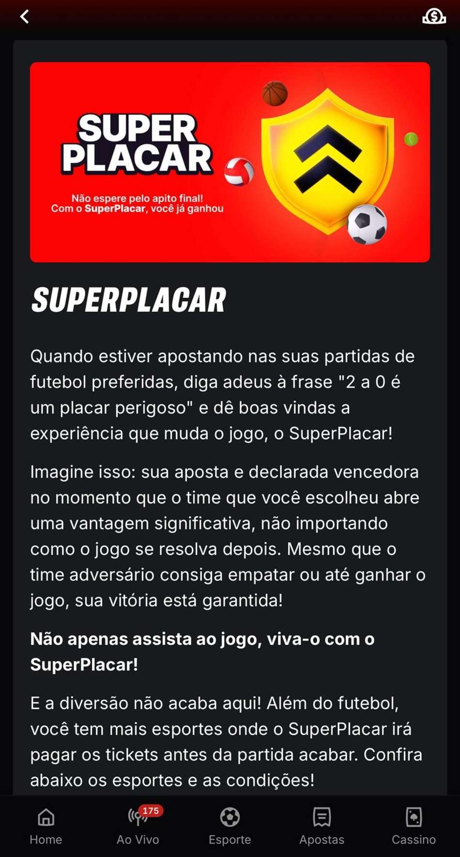 Captura de tela mostra o banner do SuperPlacar na Superbet.