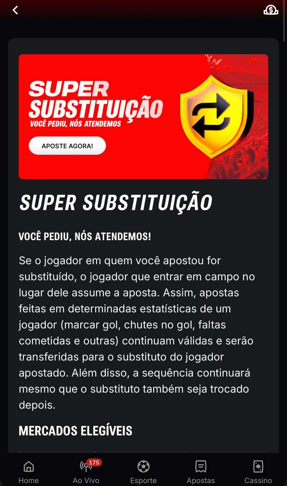 Captura de tela mostra a Super Substituição com o código de indicação Superbet ativado.