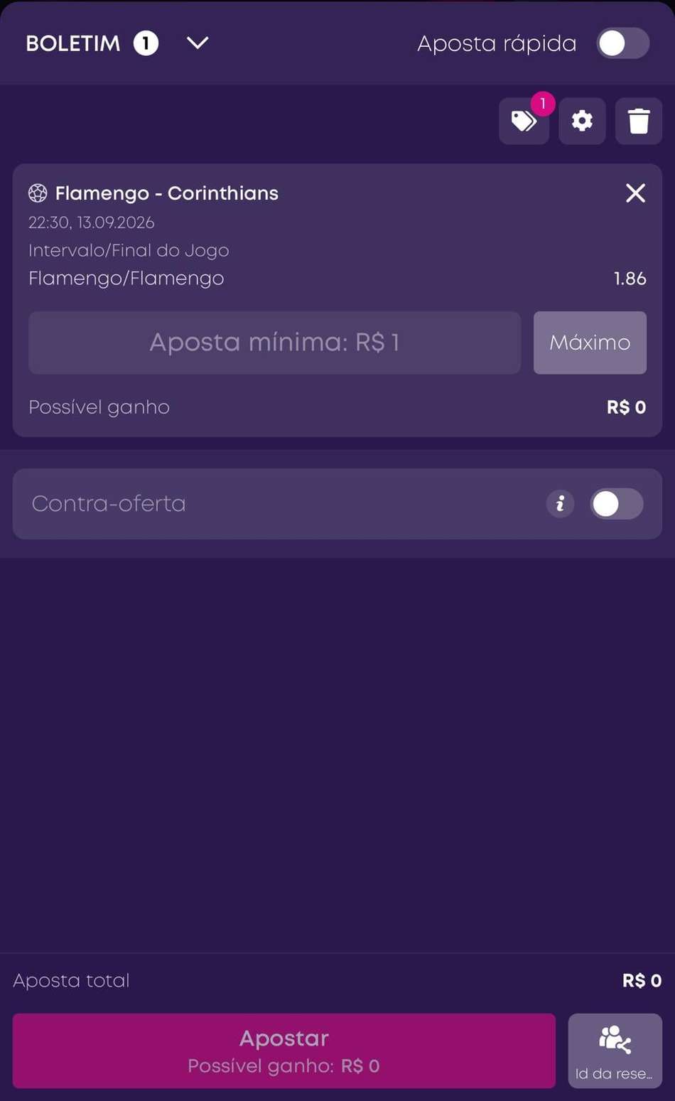 Captura de tela do bilhete de apostas da Vbet para mostrar como apostar.