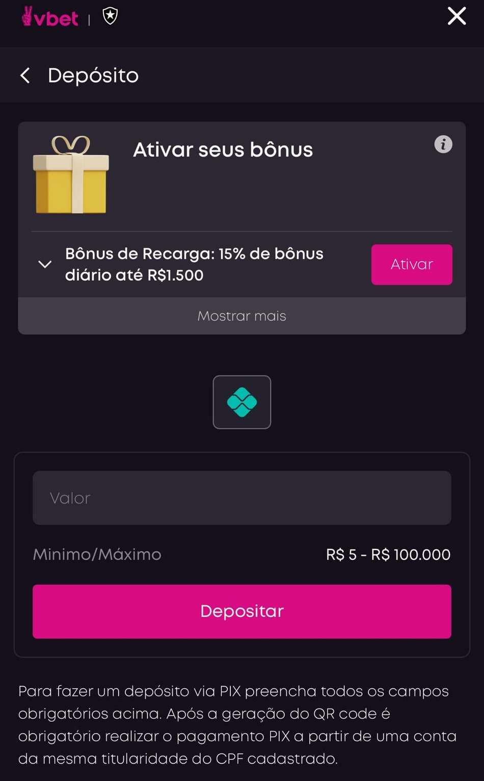 Captura da tela de depósito com Pix na Vbet.