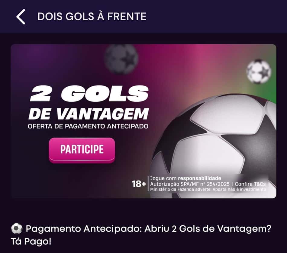 Captura de tela da campanha Pagamento Antecipado com o código Vbet.