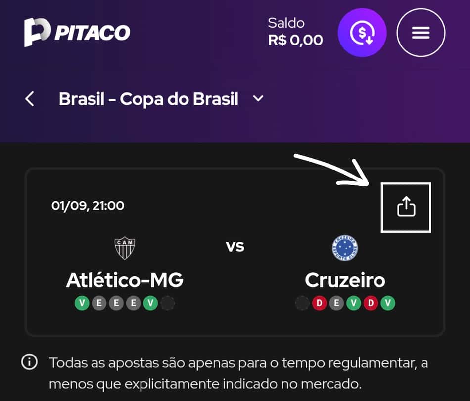 Captura de tela do menu de compartilhamento de link no aplicativo da Pitaco.