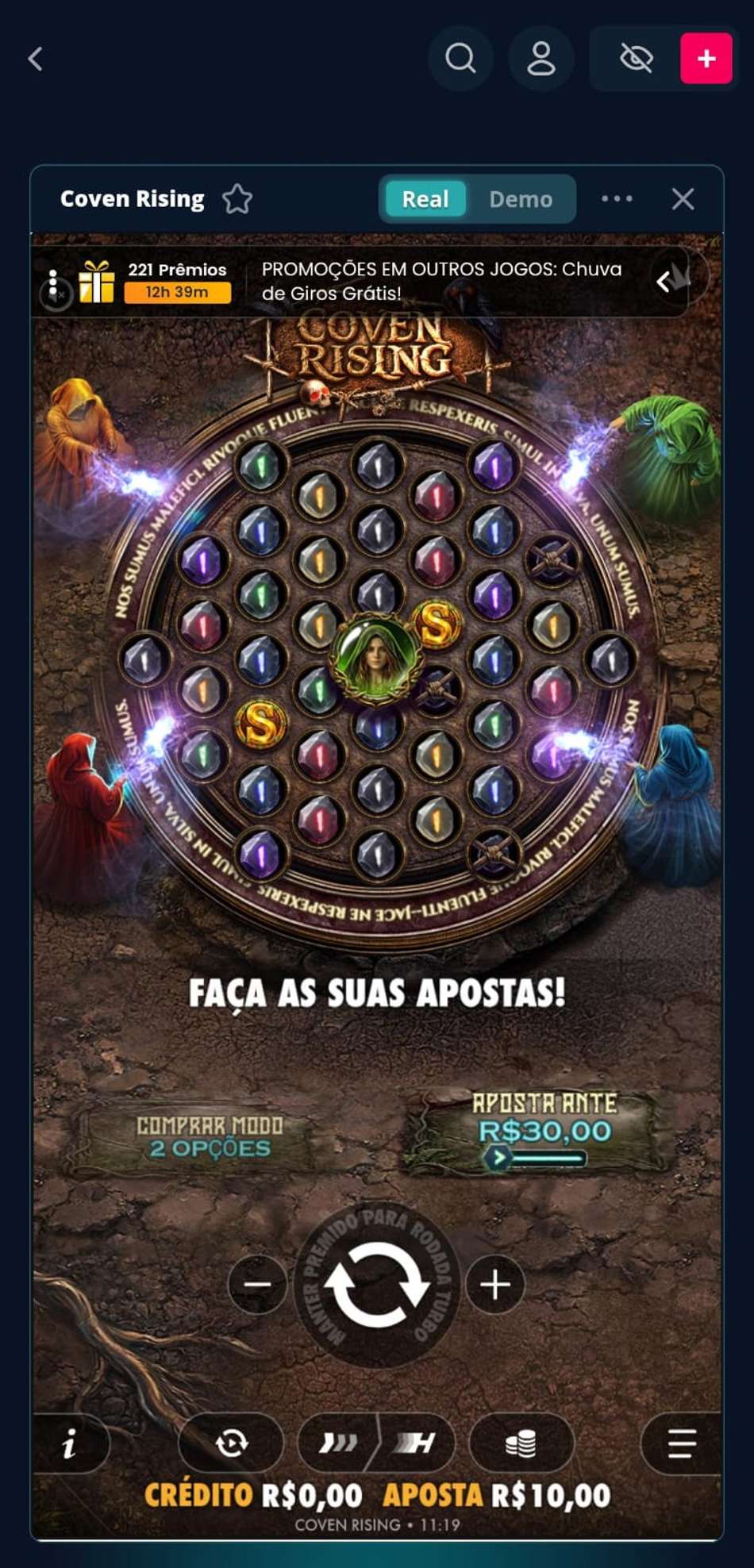 Captura de tela do slot Coven Rising no cassino Novibet.