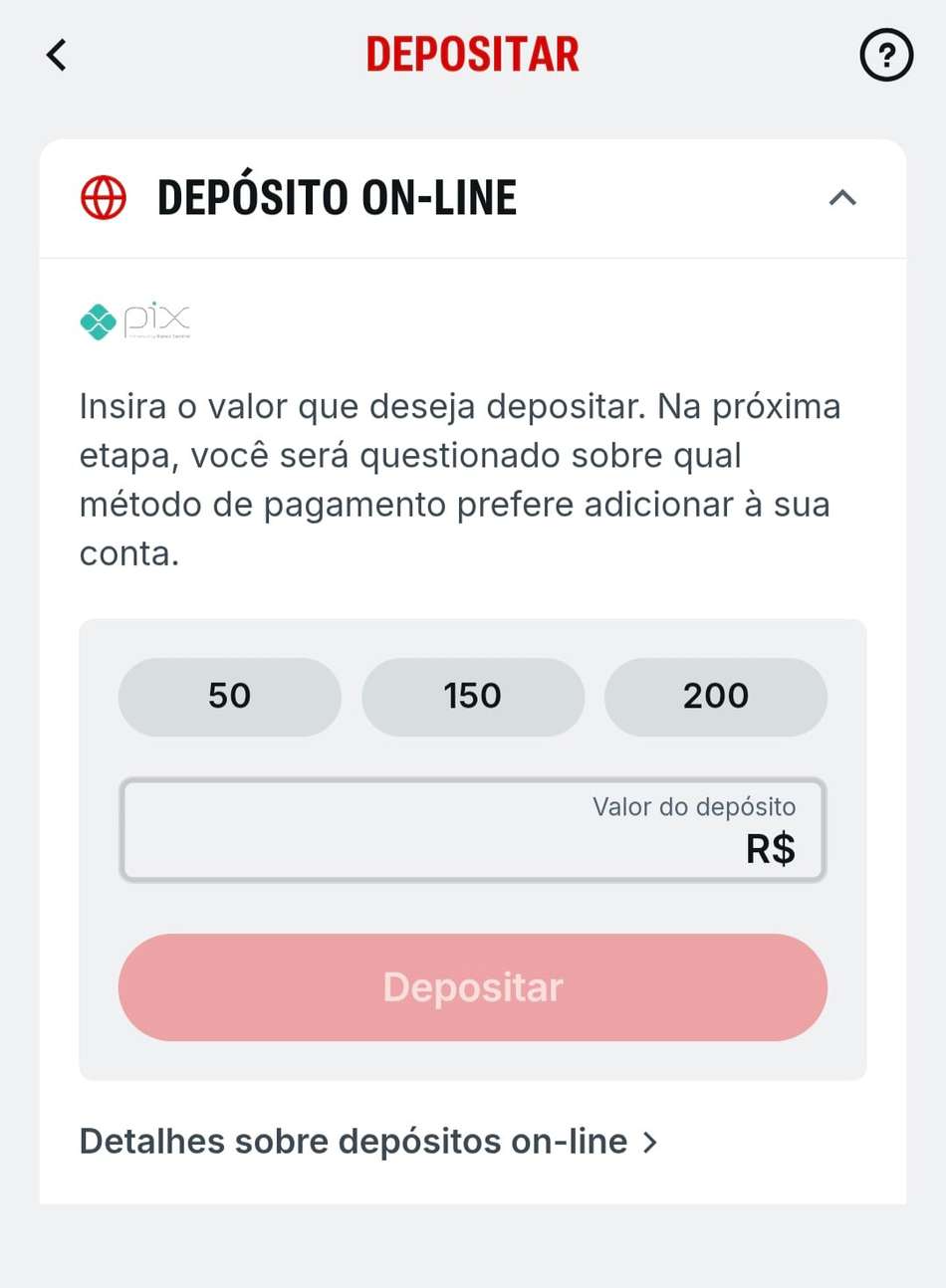 Captura de tela da tela de depósitos na Superbet exibindo o campo para inserir valores e confirmar o pagamento.