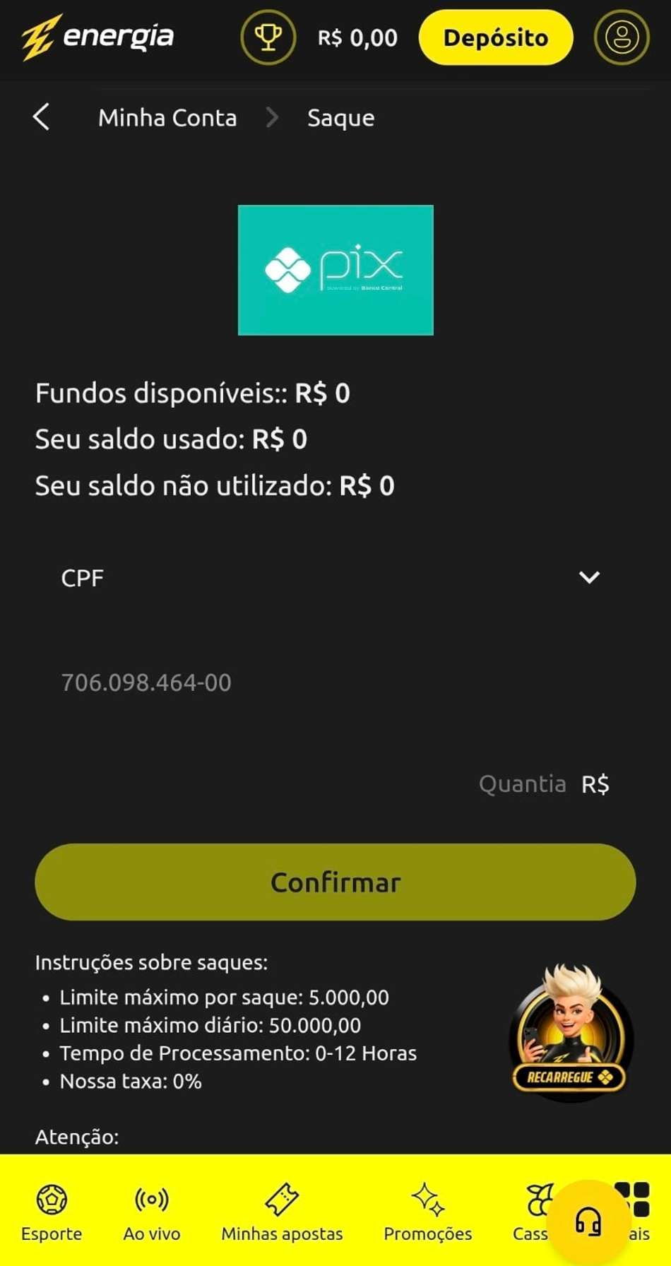 Captura de tela da Energia Bet, a melhor casa de apostas para saques rápidos.