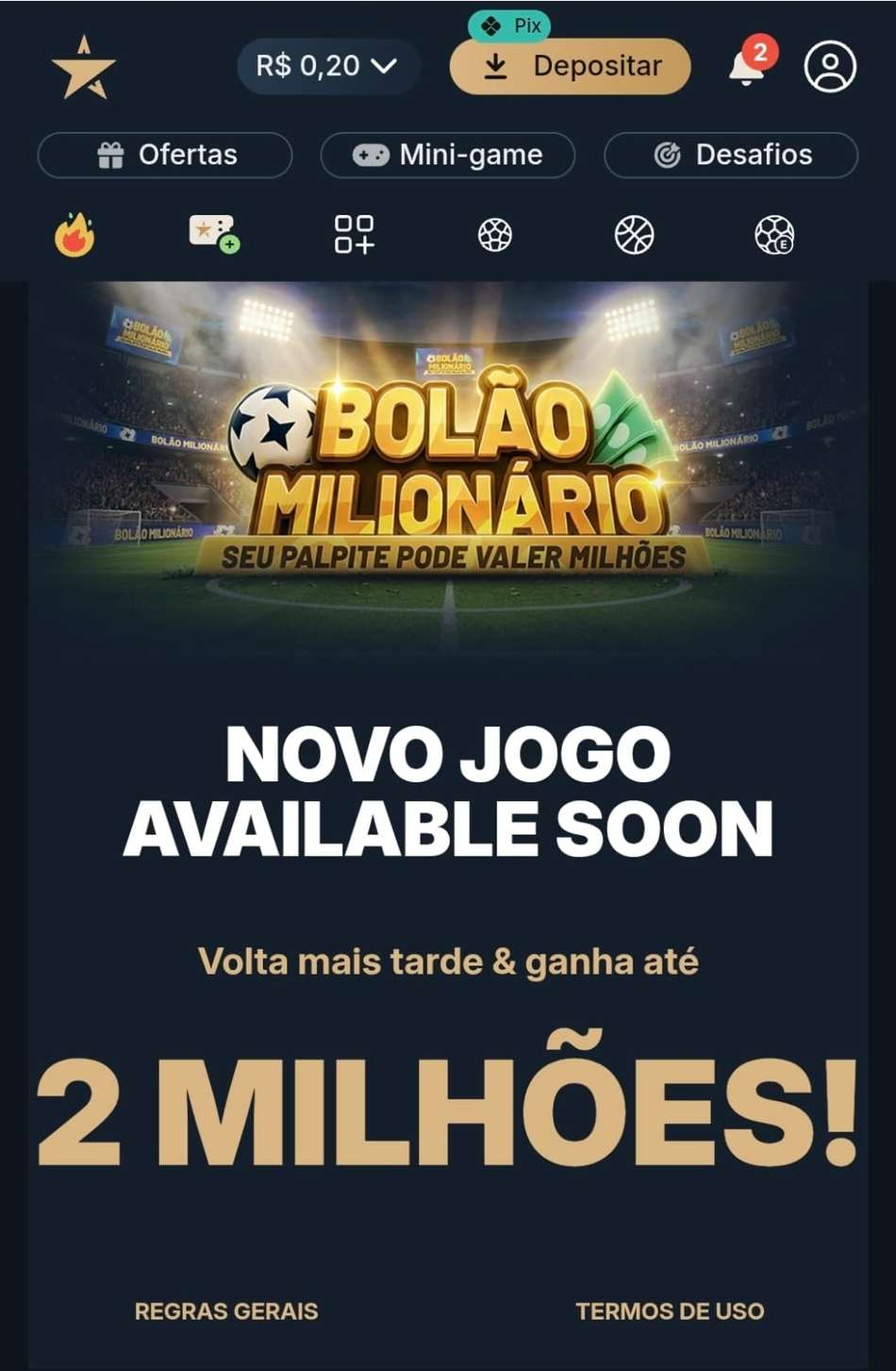 Captura de tela da campanha Bolão Milionário no site oficial da Estrela Bet.