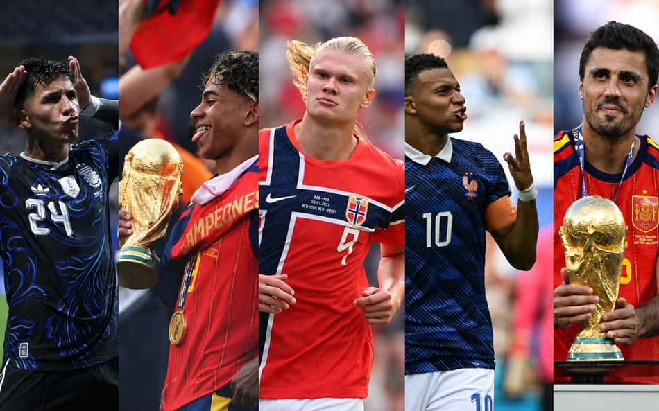 Foto montagem com Enzo, Yamal, Rodri, haaland e Mbappe