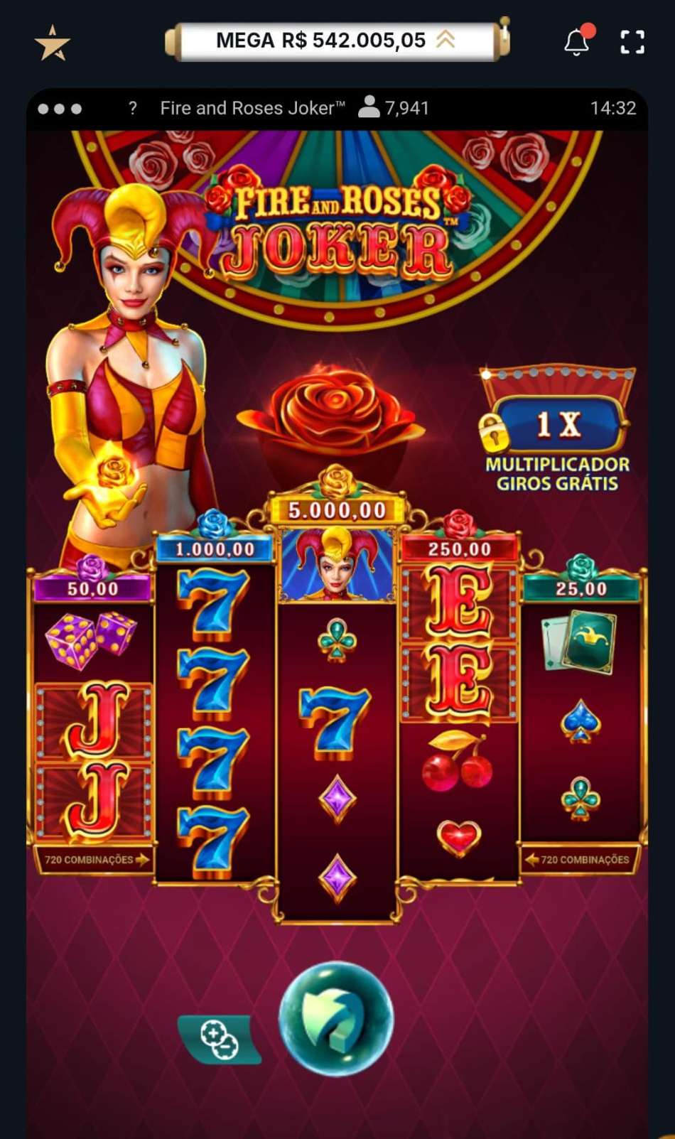 Captura de tela do slot Fire and Roses Joker King Millions na Estrela Bet.