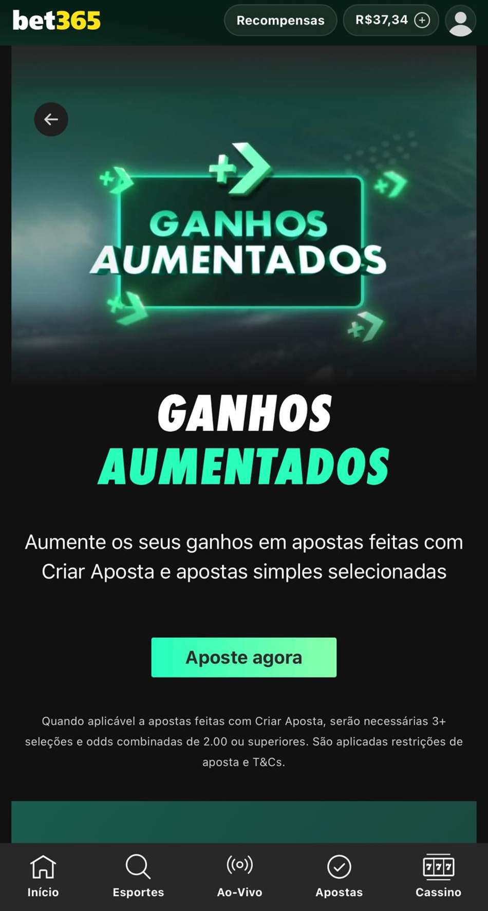 Captura de tela do Ganho Aumentado com Criar Aposta da bet365.