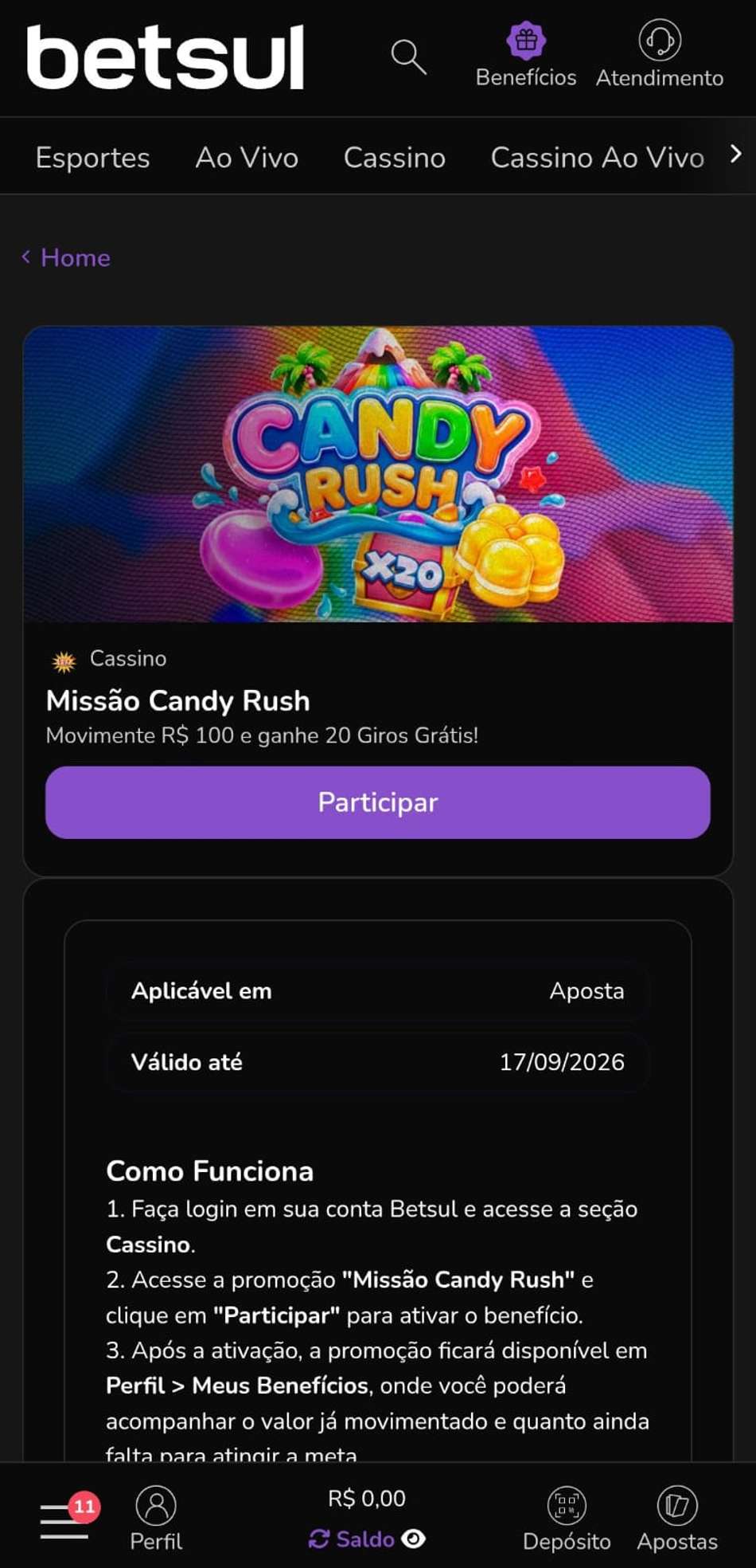 Captura de tela do bônus de 20 giros grátis no novo cassino Betsul.