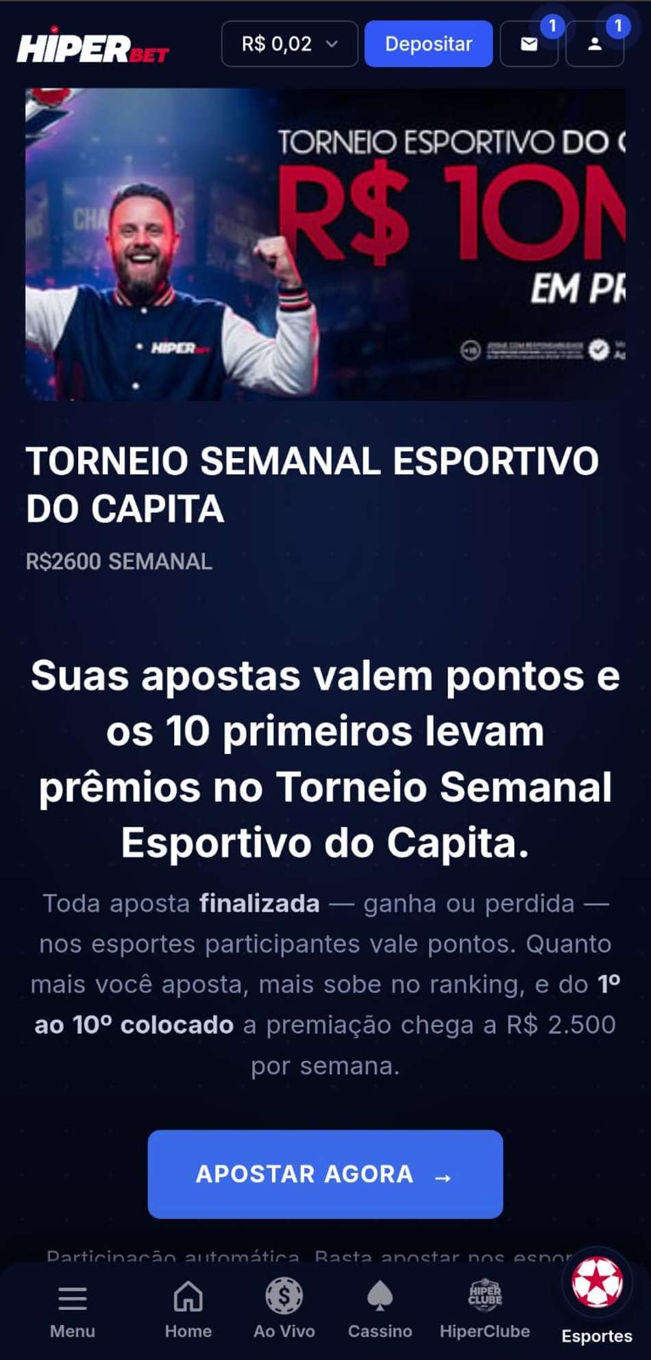 Captura de tela do torneio semanal esportivo da Hiperbet.