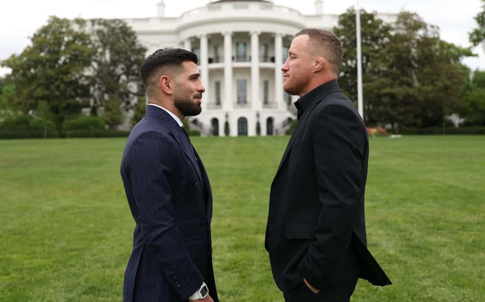 Ilia Topuria e Justin Gaethje em encarada para o UFC Casa Branca (Foto: Reprodução/X/UFC)