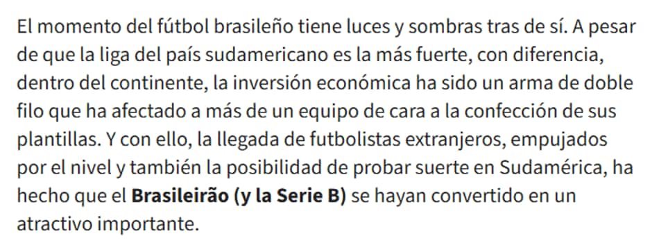 Trecho do texto do Diario AS sobre a redução de estrangeiros no Campeonato Brasileiro