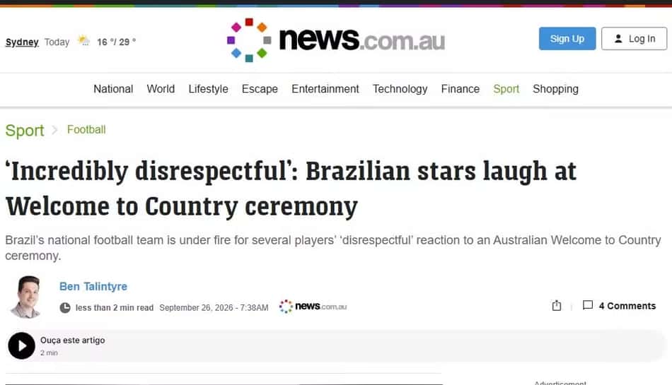 Site australiano detona atitude de jogadores da seleção brasileira como desrespeitosa em relação à cerimônia de boas-vindas