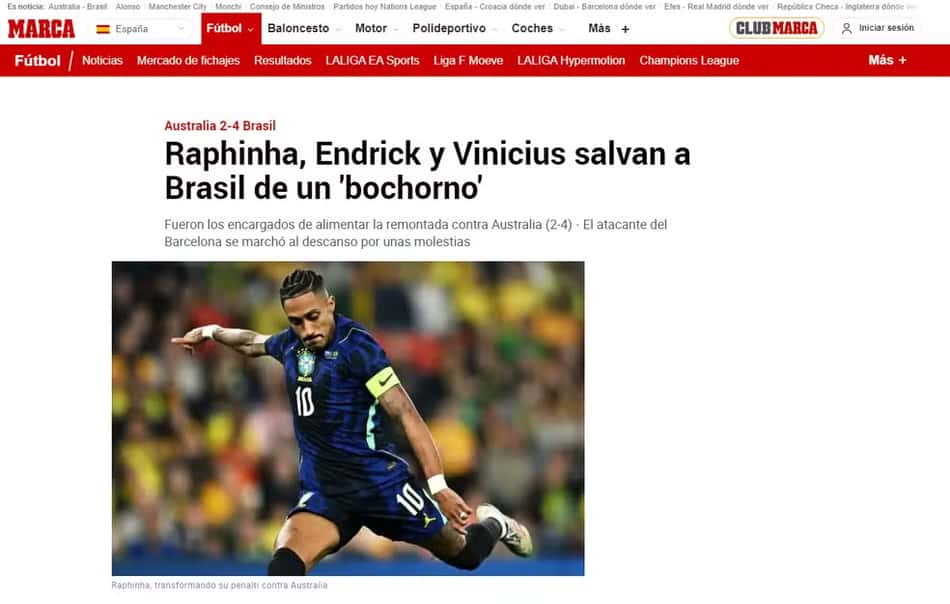 Jornal Marca sobre atuação de trio brasileiro em amistoso: "Salvam o Brasil de um vergonha" 