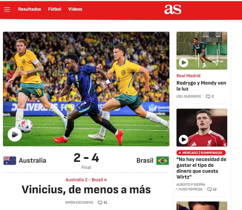 Jornal AS destaca recuperação de Vinicius Jr. na partida: "De menos a mais"