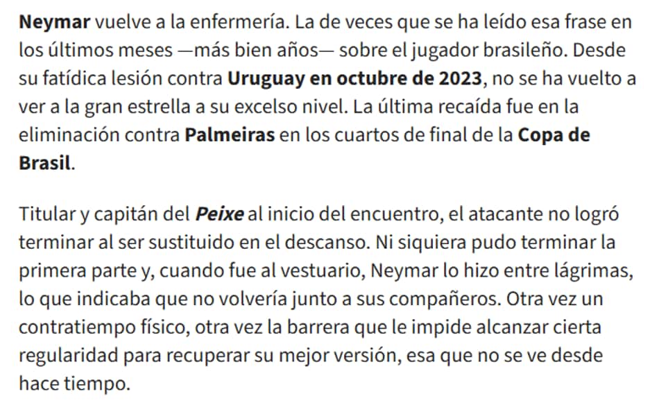 Trecho da matéria do Diario AS, sobre a lesão de Neymar (Foto: Reprodução/AS)