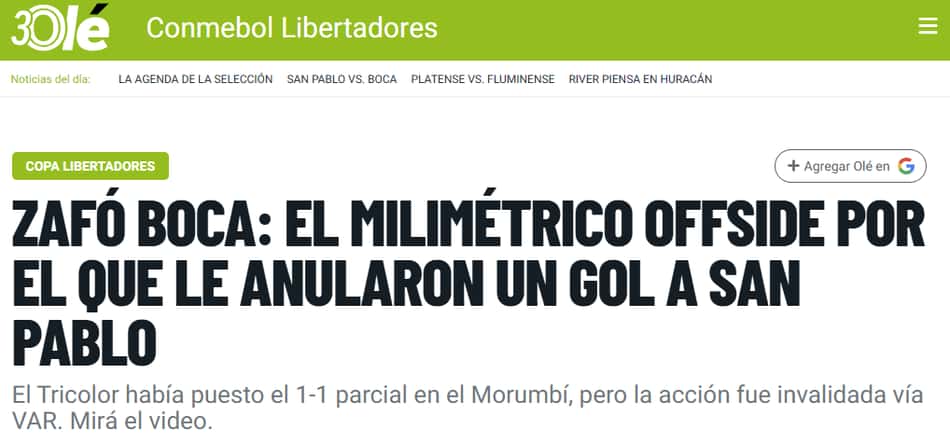 O jornal esportivo argentino opina sobre o impedimento no jogo contra o São Paulo.