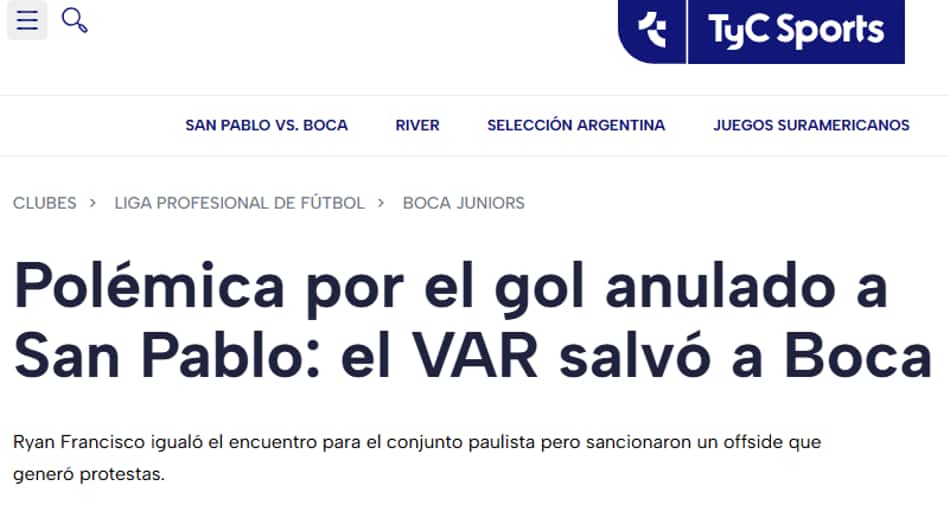 O jornal esportivo argentino opina sobre o impedimento no jogo contra o São Paulo.