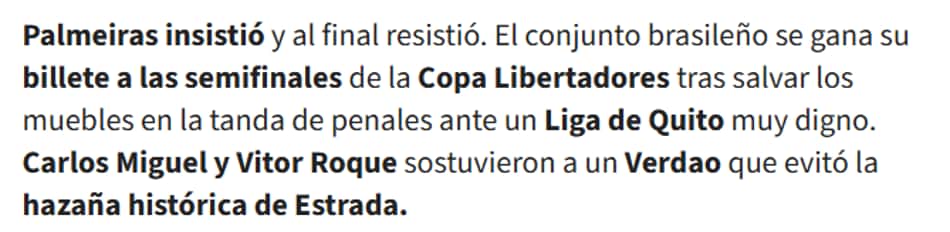 Parágrafo do Diario AS sobre a classificação do Palmeiras sobre a LDU 