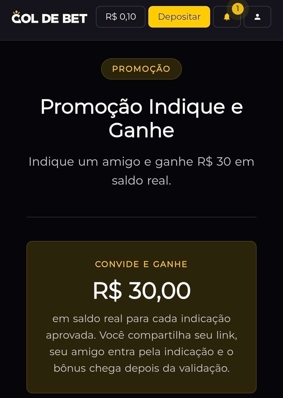 Captura de tela do programa de Indique e Ganhe da Gol de Bet com detalhes do funcionamento.