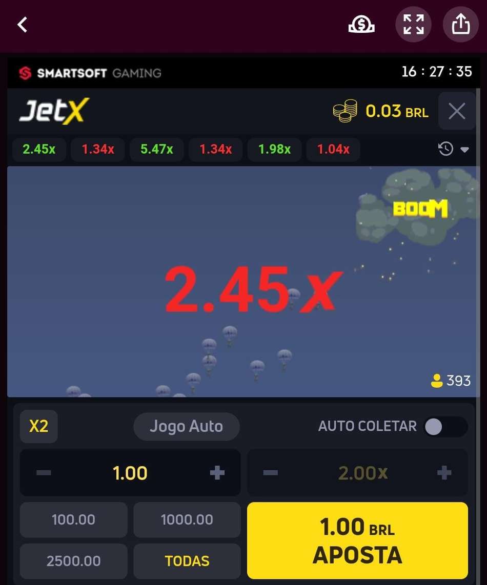 Captura de tela do crash game JetX na Superbet.
