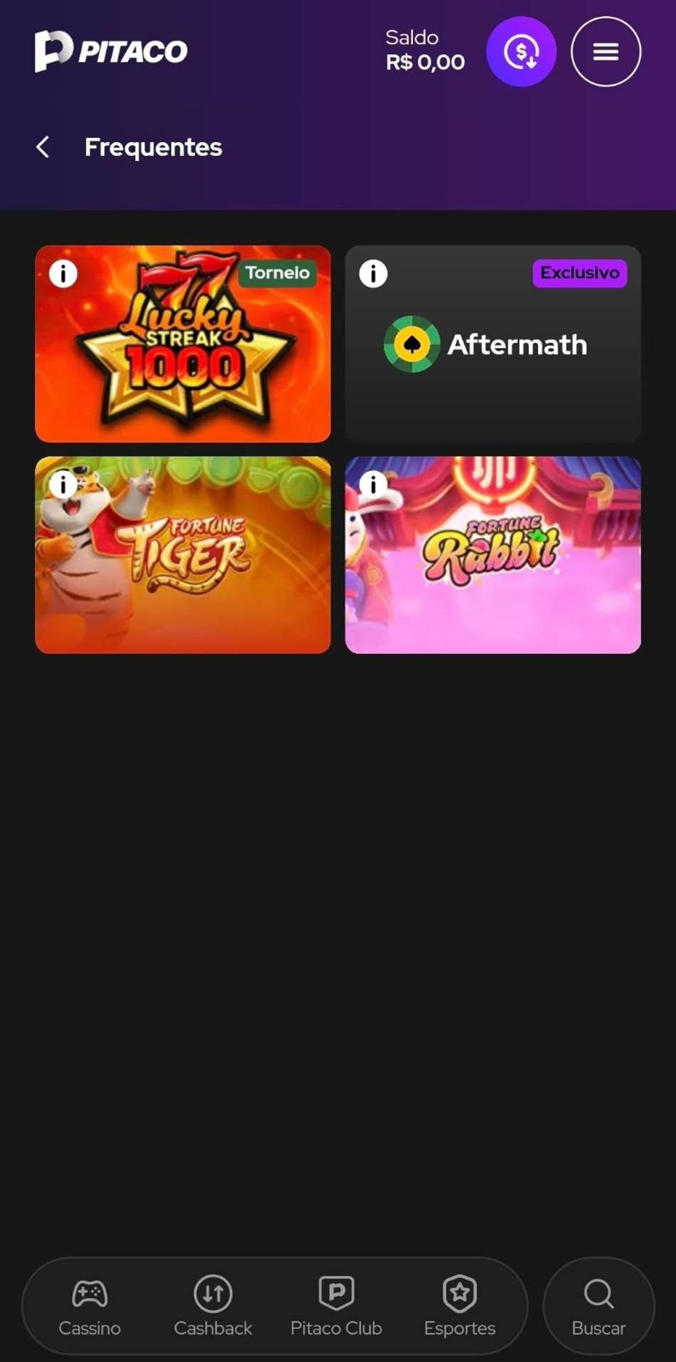 Captura de tela da aba de Jogos Frequentes no app da Pitaco exibindo os jogos recém jogados no cassino.